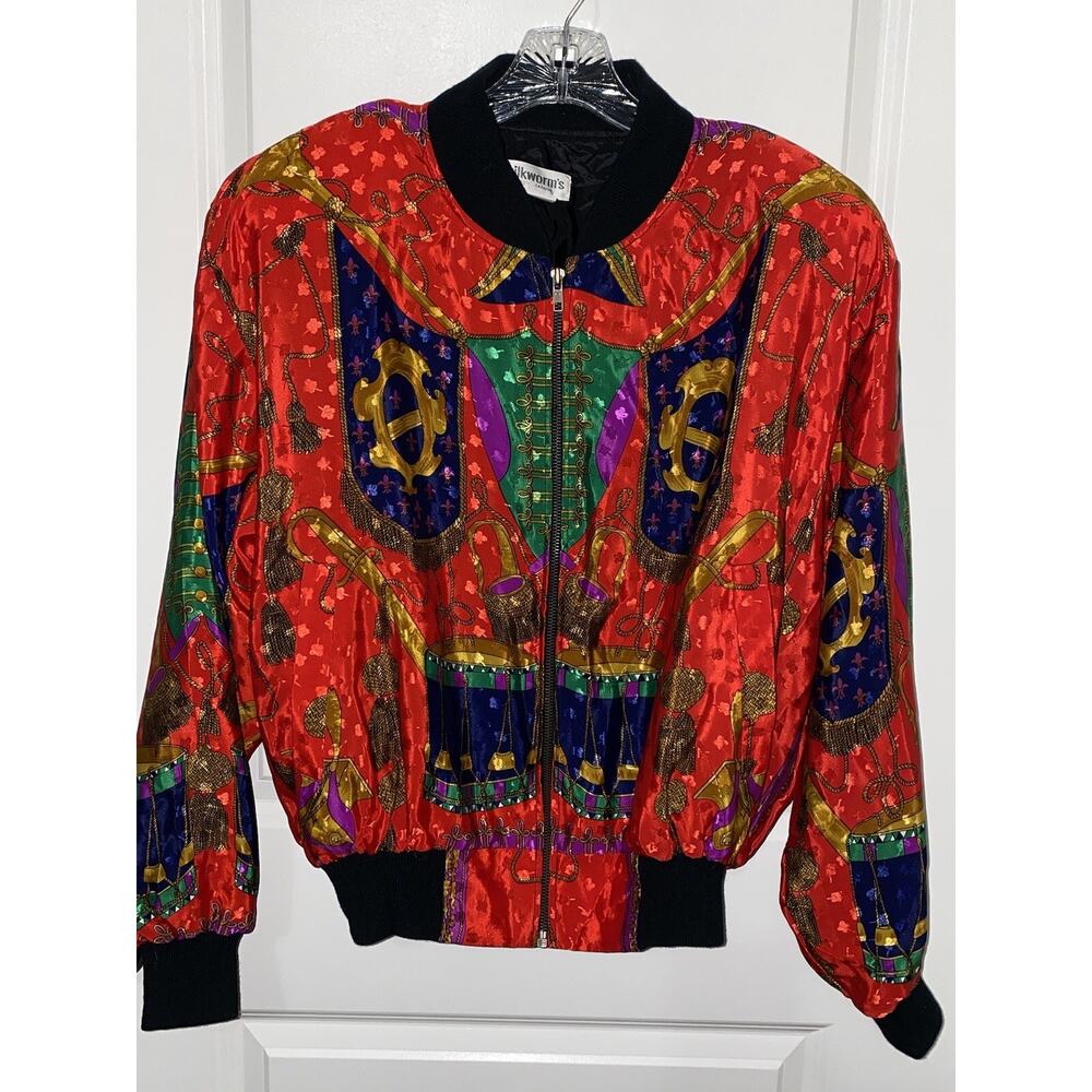 Silkworms Vintage Red Colorful Satin Bomber Jacket, Women's Large/XL Equestrian